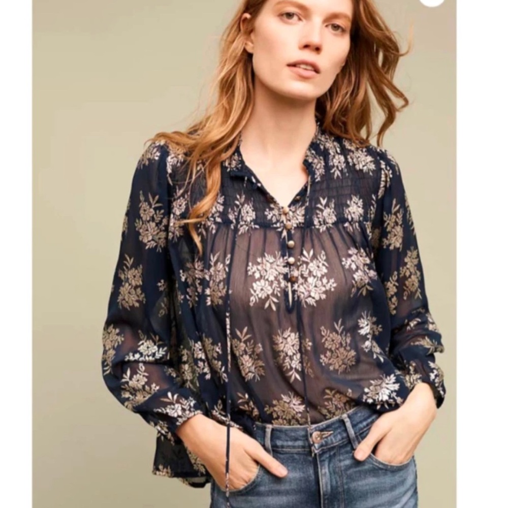 Maeve Anthropologie Navy Gold Floral Sheer Blouse SZ XS